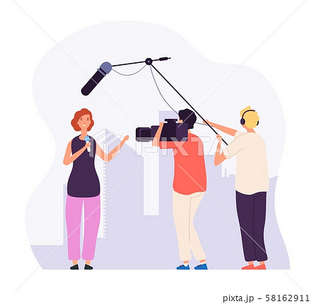 Journalist report. Girl reporter with microphone tv channel broadcasting professional crew operator 58162911