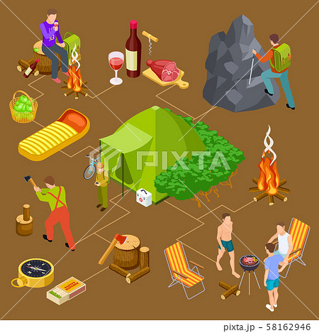 Eco tourism, hiking, summer picnic isometric vector concept Eco tourism, hiking, summer picnic isometric vector concept 58162946