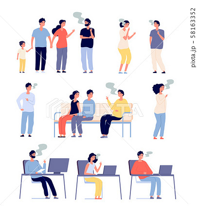 Smokers. People smoke cigarettes in public places. Passive smoking, bad habits and drug addiction 58163352