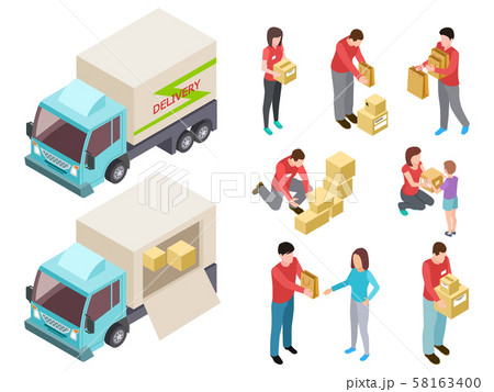 Isometric delivery service with people and truck vector set Isometric delivery service with people and truck vector set 58163400