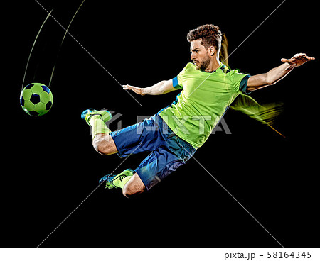 caucasian soccer player man isolated black background light painting caucasian soccer player man isolated black background light painting 58164345