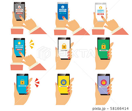 スマートフォン　スマホ　モバイル　セキュリティ　PC　鍵　手　指　ログイン画面 58166414