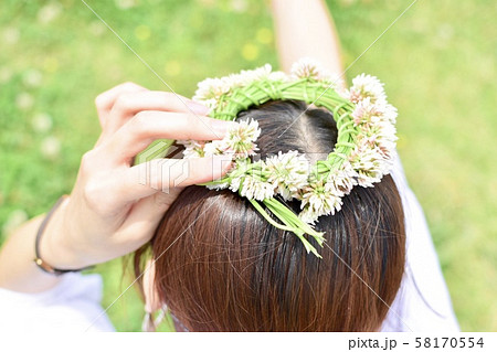 シロツメクサの花かんむりの写真素材