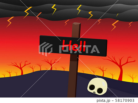 Hell landscape with signpost, skull and strom 58170903