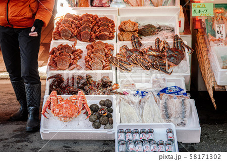 Japanese crabs seafood shop at Hakodate Asaichi market Japanese crabs seafood shop at Hakodate Asaichi market 58171302