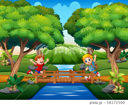 Happy Boys Ran Across The Wooden Bridgeのイラスト素材