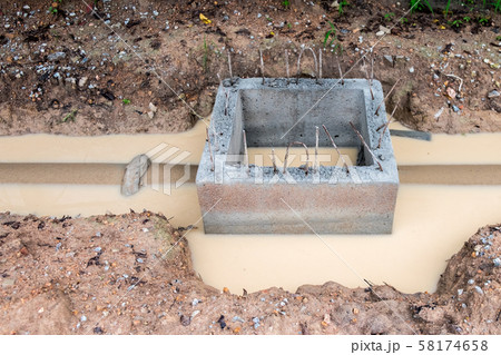 Sanitary sewer drainage system development in construction site.Concrete manholes construction for draining storm water. 58174658