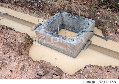 Sanitary sewer drainage system development in construction site.Concrete manholes construction for draining storm water. 58174659