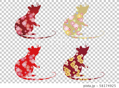 おしゃれな花模様のネズミ4色セットのイラスト素材