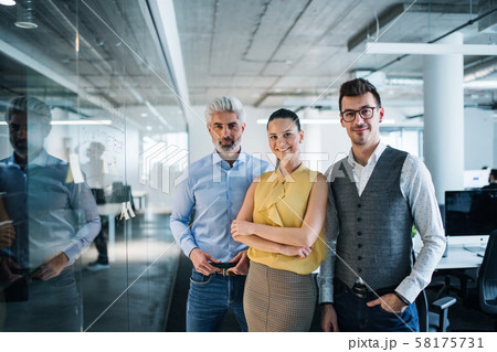 A group of business people standing in an office, looking at camera. A group of business people standing in an office, looking at camera. 58175731