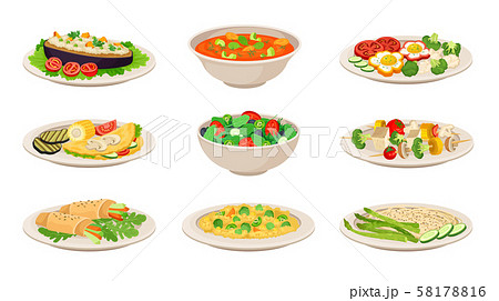 Vector Isometric Illustration Set With Vegetarian Dishes Isolated On White Background 58178816