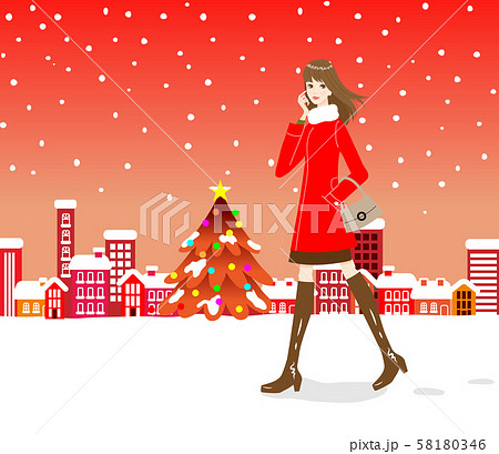 クリスマス街並みと女性a 全身 赤のイラスト素材