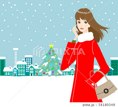 クリスマス街並みと女性a 阪神 赤のイラスト素材