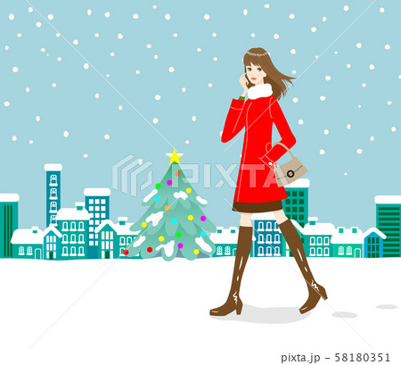 クリスマス街並みと女性a 全身 ブルーのイラスト素材