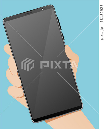 Smartphone in black color in the right hand with blue background in vector format 58182923