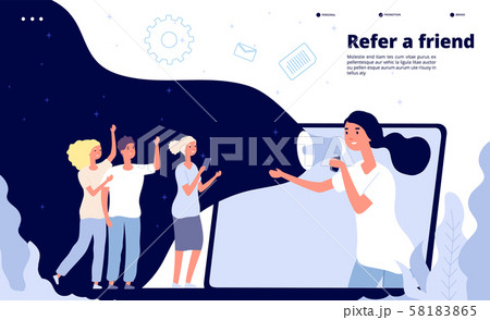 Refer a friend. People shouting on megaphone friendly buzzing, friends business reference landing 58183865