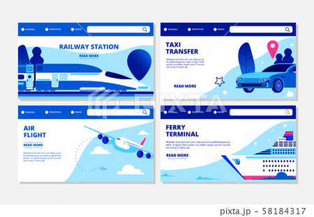 Transportation vector banners. Ferry terminal, air flight, taxi, railway station landing page 58184317