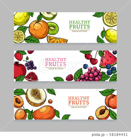 Berries and fruits banners. Cartoon orange mango, melon kiwi, banana lemon fresh garden organic Berries and fruits banners. Cartoon orange mango, melon kiwi, banana lemon fresh garden organic 58184431