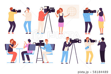 Journalist characters. Broadcaster news journalists director broadcasting camera crew cameraman 58184489