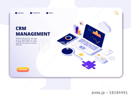 Crm concept. Customer relationship management. Database web system solution. Isometric landing page Crm concept. Customer relationship management. Database web system solution. Isometric landing page 58184491