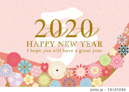 2020年子年 和風花柄の年賀状テンプレートのイラスト素材 58185686 Pixta