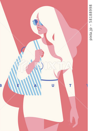 Fashion portrait of a blondie model girl with sunglasses. Retro trendy coral color poster or flyer. 58188998