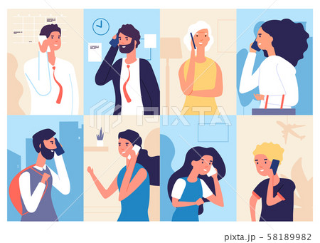 People talking phone. Men and women calling by telephone. Communication and conversation with 58189982