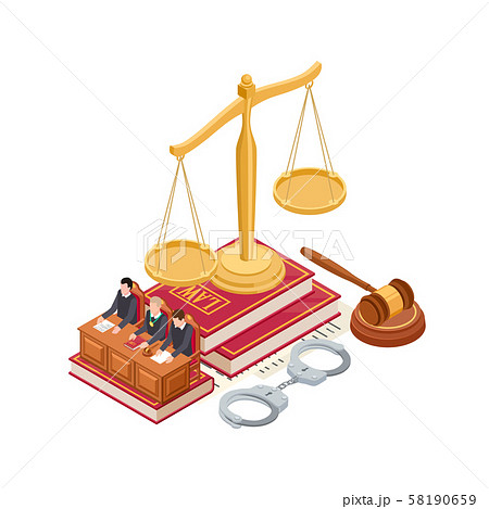 Isometric law and justice vector concept. 3D scale of justice, mallet, law book and judge isolated 58190659