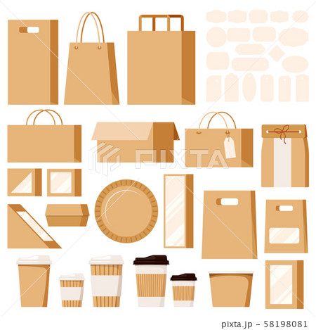 Set of empty kraft brown blank cardboard paper bags for in-store purchases, packaging for food and Set of empty kraft brown blank cardboard paper bags for in-store purchases, packaging for food and 58198081