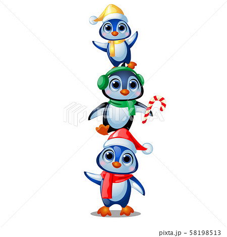Cute penguins in Christmas costumes isolated on white background. Sample of poster, party holiday 58198513