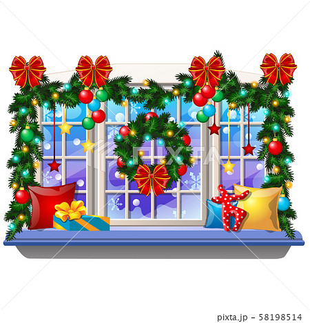 Cozy interior home window with decoraions and baubles isolated on white background. Sample of 58198514