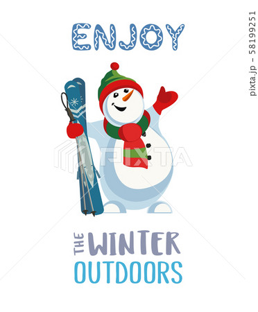 Frosty snowman ski hand drawn flat color vector 58199251