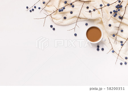 Frame made of warm scarf, cup of coffee and branches of elder 58200351