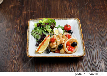 Seafood with greens and vegetables . catering menu 58201330