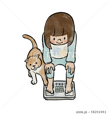 体重計に乗る女の子と猫のイラスト素材