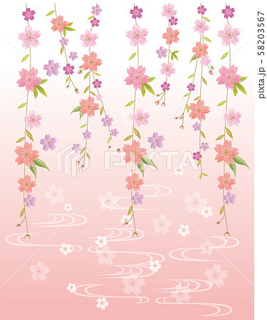 桜 吊るし飾り 花びら 背景 京都 流線 和風 和柄 水彩 手描きのイラスト素材
