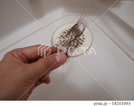 排水溝に溜まった髪の毛を指でつまみ絶望する女性の手 58203993
