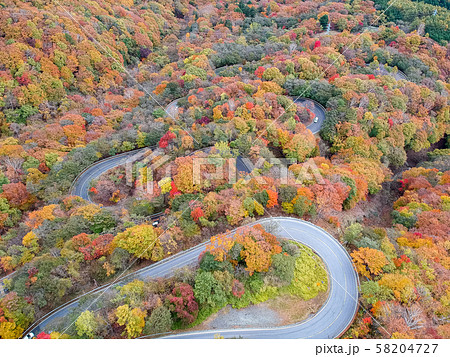 空撮 紅葉に染まった日光のいろは坂 秋 空撮 紅葉に染まった日光のいろは坂 秋 58204727