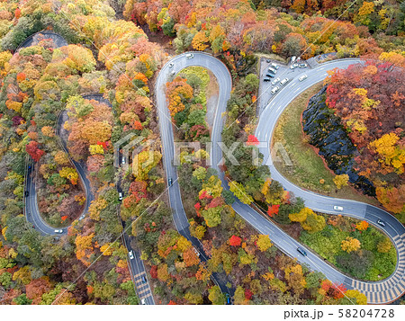 空撮 紅葉に染まった日光のいろは坂 秋 空撮 紅葉に染まった日光のいろは坂 秋 58204728