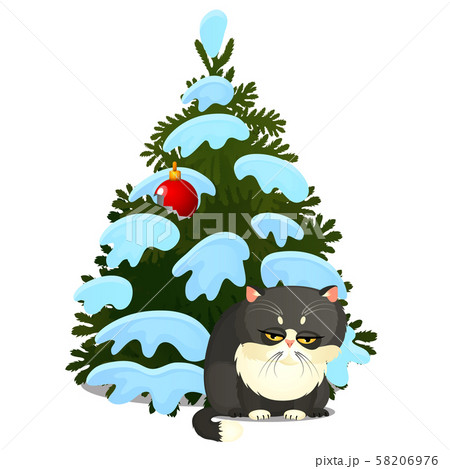 Sad guilty gray cat and broken toy on the Christmas tree isolated on a white background. Sketch of Sad guilty gray cat and broken toy on the Christmas tree isolated on a white background. Sketch of 58206976