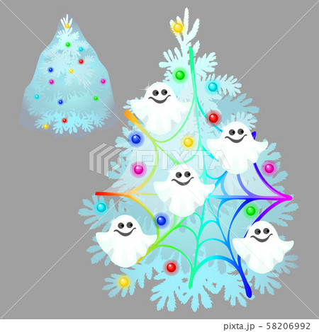 Christmas tree covered with cobwebs decorated with cheerful ghosts isolated on a gray background 58206992