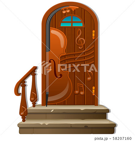 Old wooden door with porch and handrail isolated on white background. Sketch of festive poster 58207160