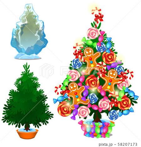 Set of Christmas tree in ice and decorated with sweets and toys isolated on a white background Set of Christmas tree in ice and decorated with sweets and toys isolated on a white background 58207173