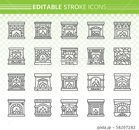 Fireplace simple black line icons vector set 58207282