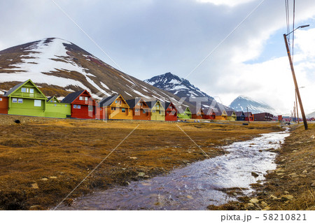 Row of colorful wooden houses at Longyearbyen in Svalbard 58210821