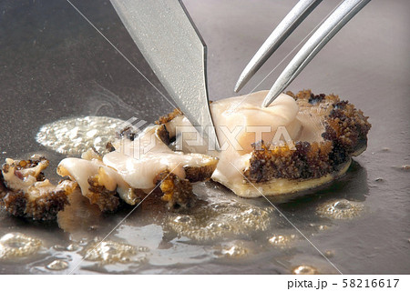 鉄板焼き　アワビ　アワビ鉄板焼きの様子　高級魚介の鉄板焼き　贅沢な酒の肴 58216617