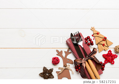 Top view of new year utensils on napkin with 58217231