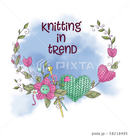 Cartoon watercolor wreath of knitted elements Vector illustration 58218495