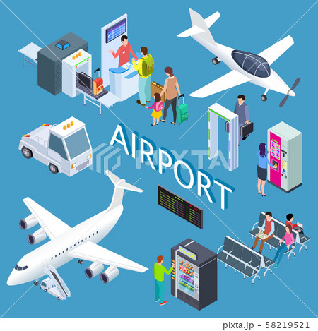 Airoport isometric set with waiting area, snack bar, check-in desk, arplanes vector illustration 58219521