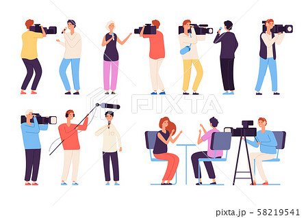 Journalists. Broadcaster news journalists broadcasting camera crew cameraman tv studio interview 58219541